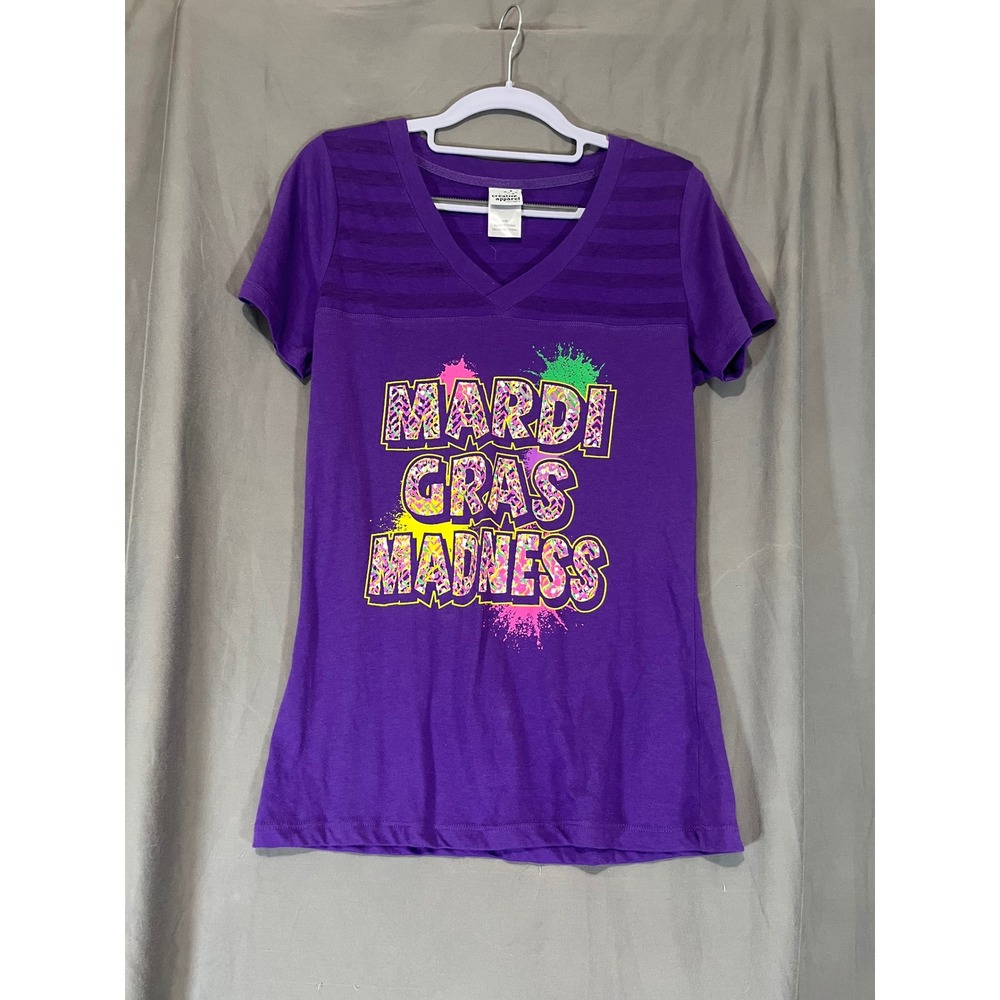 Creative Apparel Concepts Mardi Gras Madness Purple V-Neck Graphic Tee Womens M